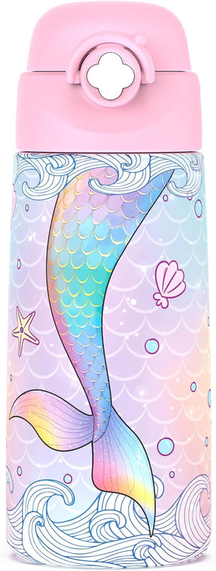 Girls Insulated Water Bottle with Covered Pop-Up Straw,16 oz Kids Cups with Stainless Steel Leak Proof for School Pink（Unicorn）