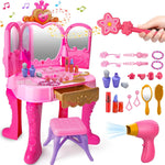 Toddler Vanity Magic Makeup Set Table & Chair Girl Toy Automatically Mirror with Music Light Pink Toys for 3 4 5 Year Old Girl Hair Salon Pretend Play Princess Dress Up Playset Valentine Gift Age 3-5