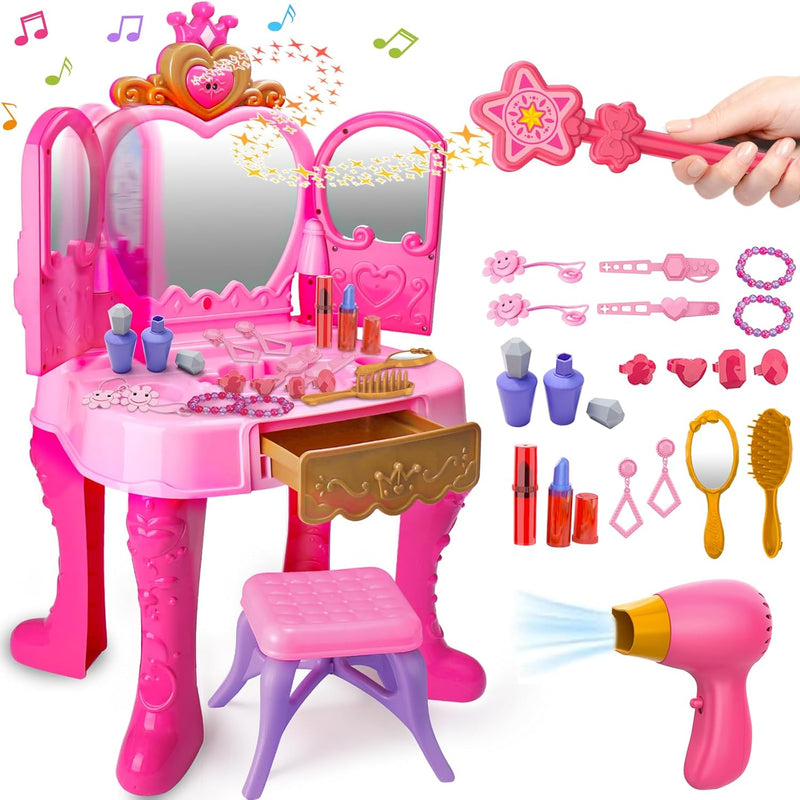 Toddler Vanity Magic Makeup Set Table & Chair Girl Toy Automatically Mirror with Music Light Pink Toys for 3 4 5 Year Old Girl Hair Salon Pretend Play Princess Dress Up Playset Valentine Gift Age 3-5