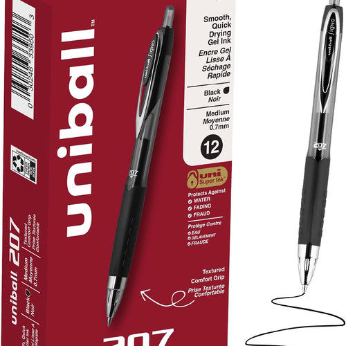 uniball™ 207 Gel Pens, Black Ink, 0.7mm Medium Point, Retractable, 12 Count, Smooth Writing, Fraud-Resistant, uni Super Ink™