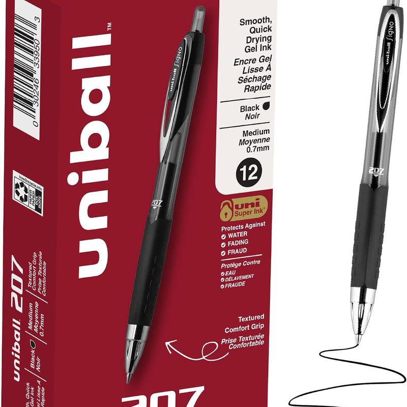 uniball™ 207 Gel Pens, Black Ink, 0.7mm Medium Point, Retractable, 12 Count, Smooth Writing, Fraud-Resistant, uni Super Ink™