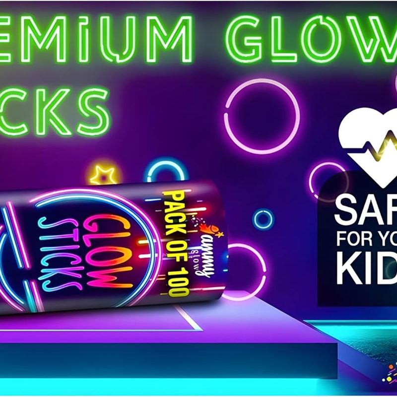 Ammy Glow Glow Sticks Bulk Party Pack, 205 Pcs Kit with Connectors & Glasses for Kids, LED Neon Glow in the Dark Party Supplies for Birthdays & Events