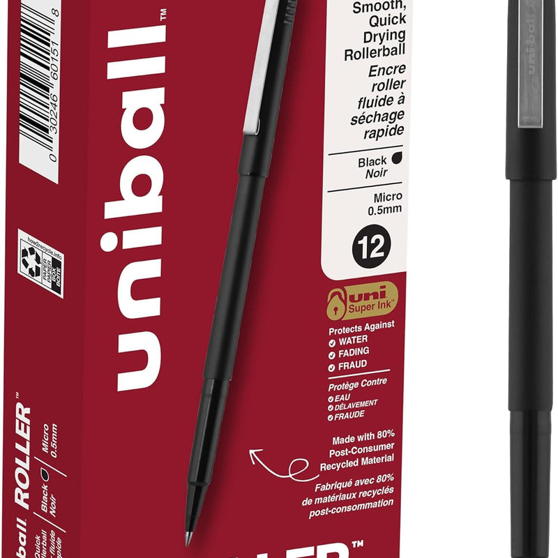 uniball Roller Rollerball Pens, Micro Point (0.5mm), Black, 12 Pack