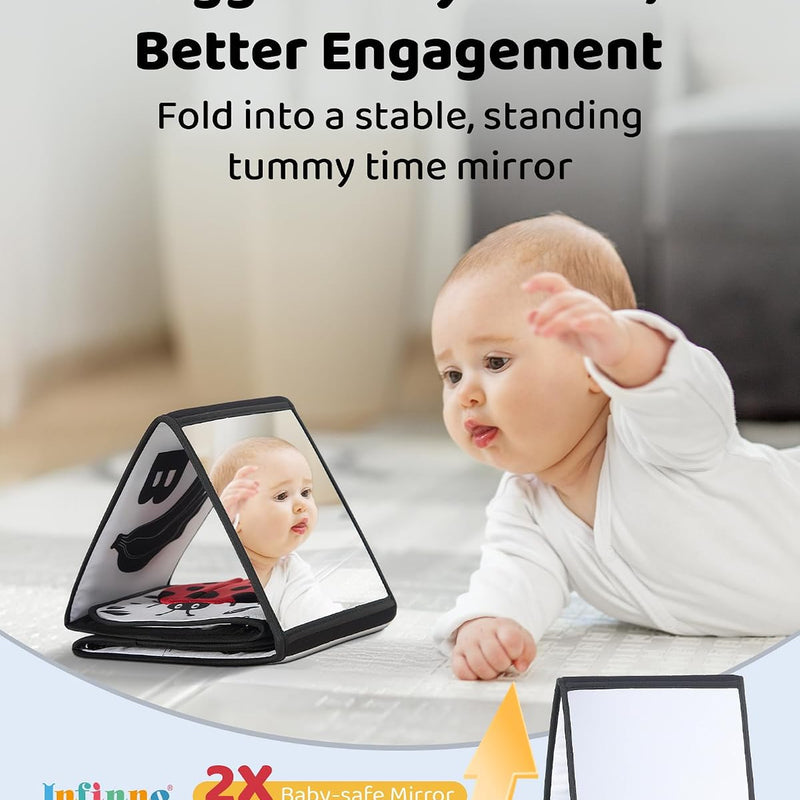 High Contrast Baby Book, Black and White, Tummy Time Mirror Toy | Newborn visual stimulation 0-6 months, Montessori sensory play, soft crinkle pages, folds flat, ties to crib and stroller