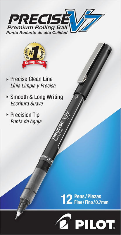 Pilot, Precise V7, Fine Point 0.7 mm, Black Ink Pens, Pack of 12 | rollerball pen for smooth writing, perfect for notes and journaling, smudge resistant rolling ball pen