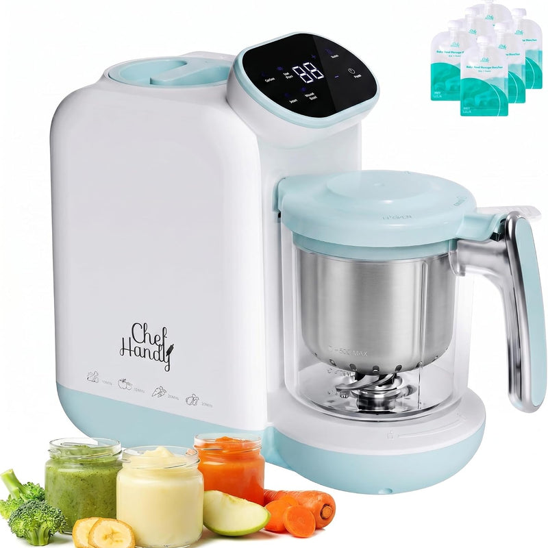 Chefhandy 5-in-1 Baby Food Maker with Stainless Steel Steam Basket, Green | One-step baby food processor with BPA-free food-contact parts, 6 reusable pouches, and recipe guide for homemade baby meals.