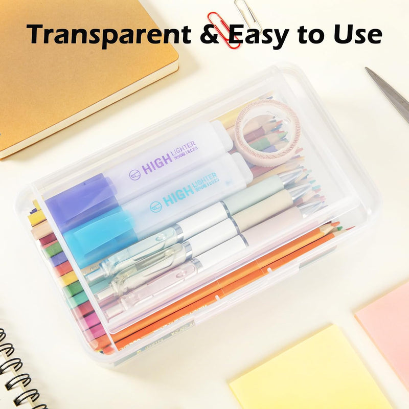 Double Layer Clear Hard Pencil Cases,Plastic Personalized Pencil Box with Snap-Tight Lid for Pen, Pencils, School Office Supplies Marker Crayon Organizer Storage Box,Standard Size (Pink)