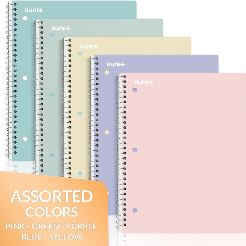 SUNEE Spiral Notebooks, 1-Subject, 5 Pack, College Ruled Paper, 8" x 10-1/2", 70 Sheets per Notebook,3-Hole Punched Paper, Pink,Purple, Blue, Green, Yellow Spiral Lined Notebooks for School,Work