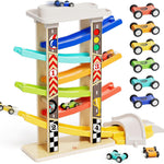 TOP Bright Toddler Wooden Race Track Car Ramp Toys with 4 Mini Cars and 1 Car Garage