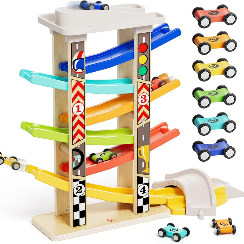 TOP Bright Toddler Wooden Race Track Car Ramp Toys with 4 Mini Cars and 1 Car Garage
