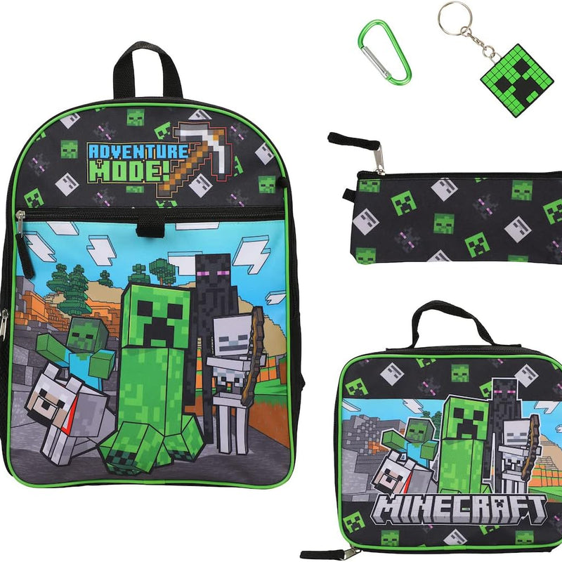 BIOWORLD Unisex Minecraft Adventure Mode 5-Piece Backpack set (Little Kid/Big Kid), Green, One size