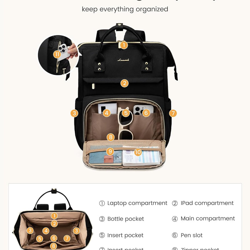 LOVEVOOK Laptop Backpack for Women with Giant Tumbler Holder Pocket,15.6 inch Waterproof Travel Backpack Purse Computer Laptop Bag,Professional Work College Nurse Teacher Backpack Casual Daypack,Black