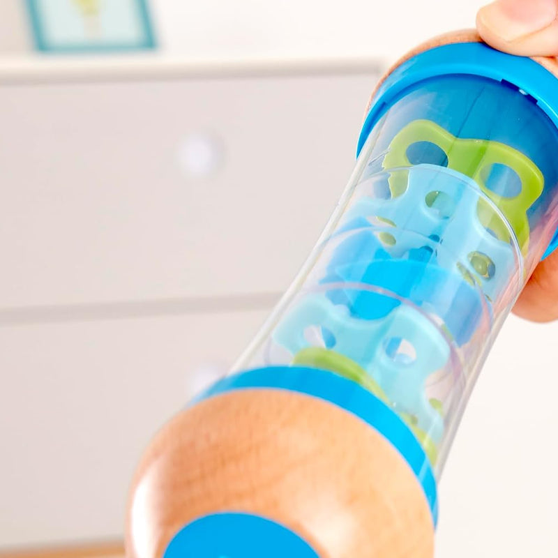 Hape Beaded Raindrops | Mini Wooden Musical Shake & Rattle Rainmaker Toy, Blue, Model Number: E0328B