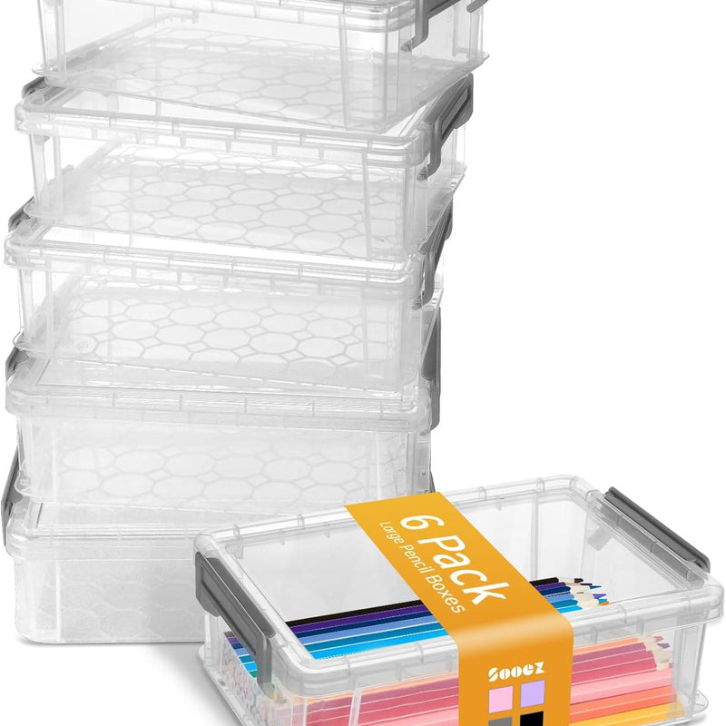 Sooez 6 Pack Extra Large Pencil Box, Plastic Hard Pencil Case Crayon Box Bulk, Clear Marker Organizer Plastic Containers with Lid, Stackable Storage Boxes for Art Craft, Back to School Supplies, Multi
