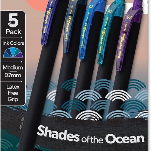 Pentel EnerGel Kuro Shades of the Ocean, Retractable Liquid Gel Pen, Assorted Ink Colors, Pack of 5 (BL437OCNPF5)