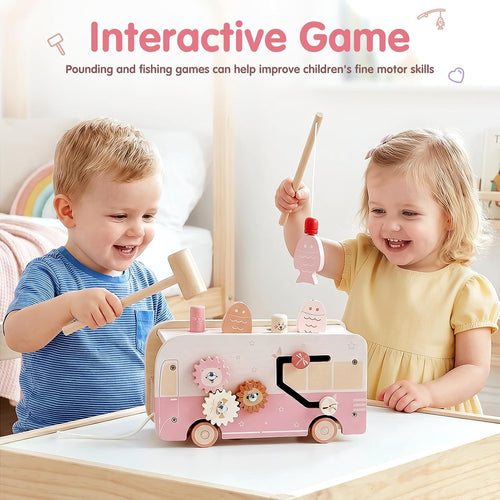 Vanplay Hammering Pounding Toys for 1 2 Year Old Girl Birthday Gifts | 7 in 1 Pink Wooden Learning Activities with Fishing/Spinner/Xylophone/Mole Game for Toddlers 1-3 - Baby Girl Gifts 12+ Months