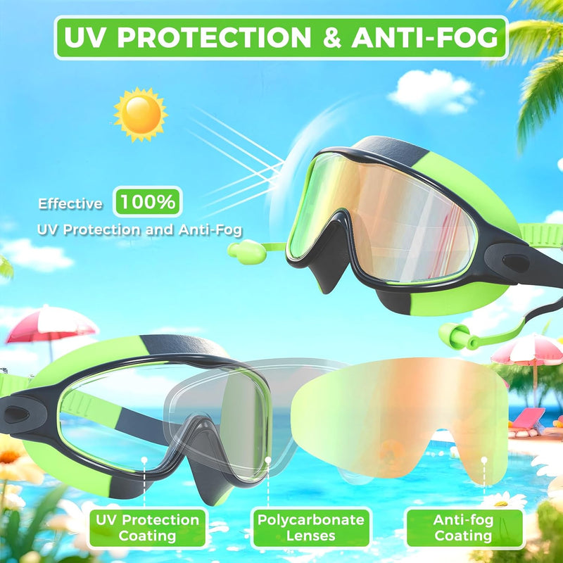 3 Pack Swimming Goggles, Kid Goggles with Earplugs Large Frame Anti-Fog/UV Wide View Swim Goggles Boys Girls 6-14