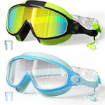 Swim Goggles for Kids 3-15 with Earplugs Large Frame Anti-Fog/UV Swimming Goggles for Boys Girls Toddler 2PCS