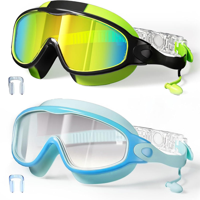 Swim Goggles for Kids 3-15 with Earplugs Large Frame Anti-Fog/UV Swimming Goggles for Boys Girls Toddler 2PCS