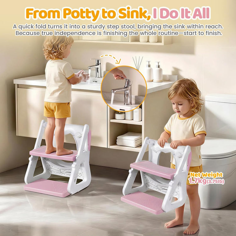 Orzbow Potty Training Seat with Step Stool, Toddler Toilet Seat with Ladder | 7 Height Adjustable, Splash Guard, Non-Slip Base, Handles, Stable Triangular Fits Most Toilets, For Kids Boys Girls, Pink