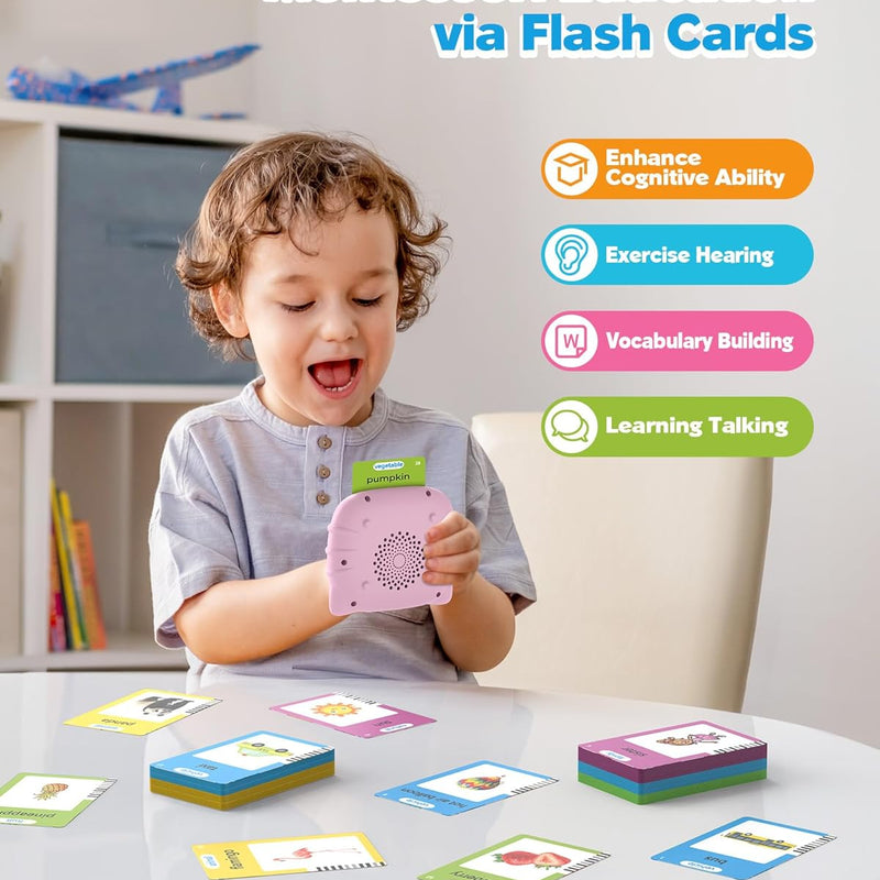 Airbition Talking Flash Cards for Toddlers Montessori Language Learning with 224 Words Pocket Speech Therapy Playthings Children's Sensory Educational Device Pink