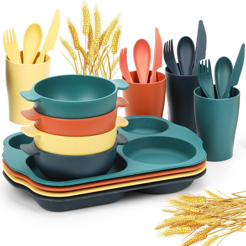24 PCS Wheat Straw Dinnerware Set for Kids Toddler Plate Bowl Cup Sets Unbreakable BPA-Free Tableware Set with Divided Plate Microwave Dishwasher Safe Perfect for Home School Picnics