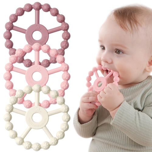 3 Pack Silicone Teething Ring Toys for Babies 0-6 Months, Seposeve Toddler Teethers for 6-12 Months, 12-24 Months, Purple Pink White