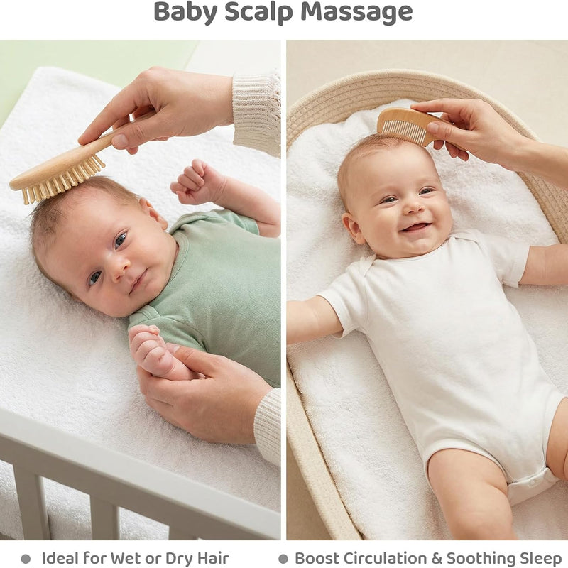 5 Piece Baby Hair Brush Set, Wooden Baby Brush and Comb Set with Natural Soft Goat Hair Bristles, Cradle Cap Brush, Baby Essentials Grooming Kit for Boy Girl