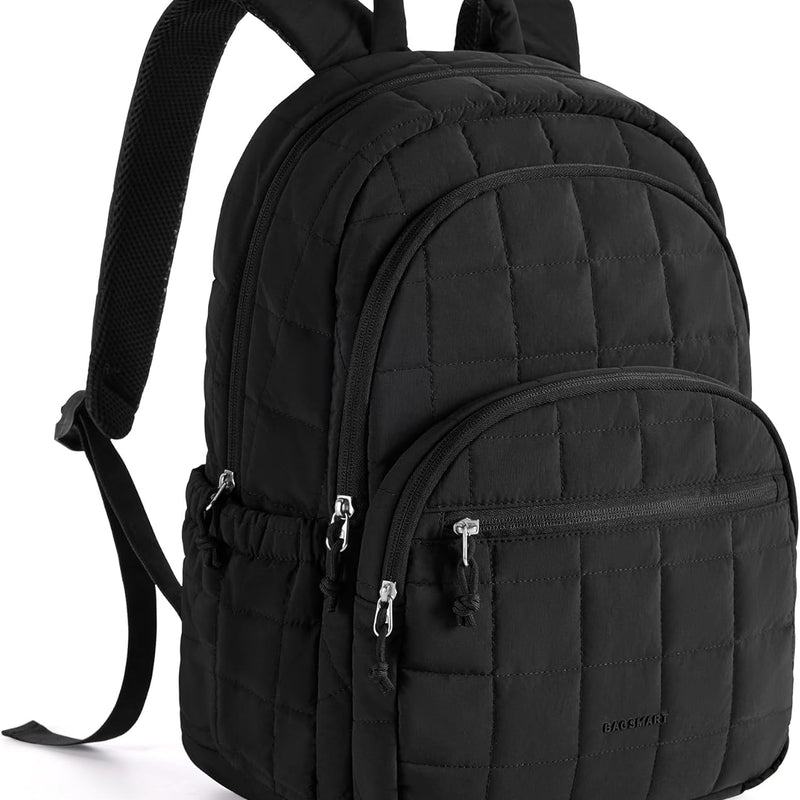 BAGSMART College Laptop Backpack, Travel Backpack for Women, Quilted Casual Daypack, Water-Resistant Bookbag for 15.6 Inch Laptop, Black