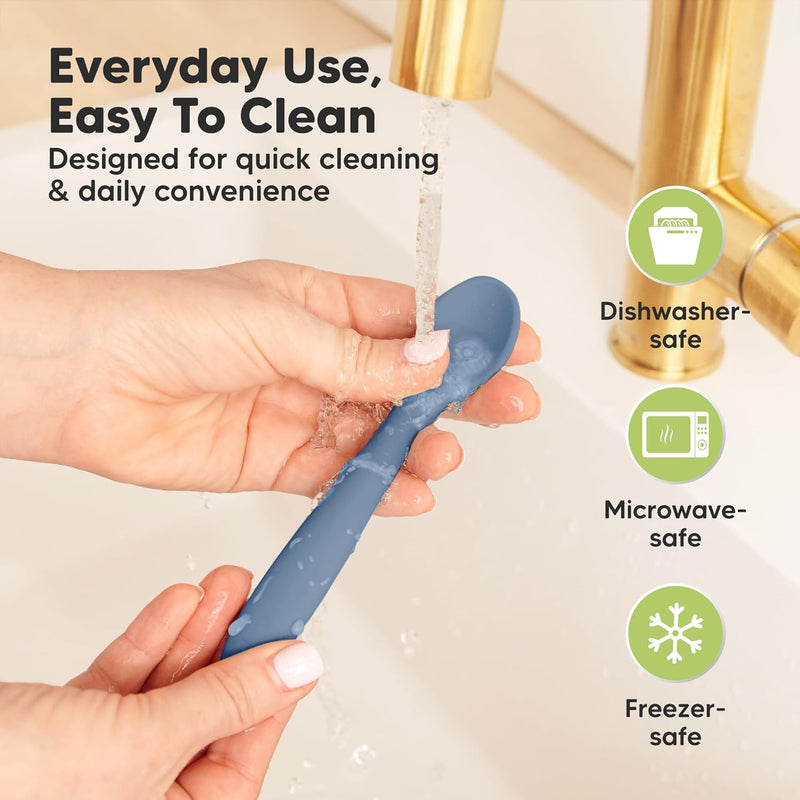 KeaBabies Silicone Baby Spoons Self Feeding 6-12 months, 3-Pack (Slate) | Large Scoop, Baby Led Weaning Utensils, First Food Training Spoon, Toddler, Kids Eating Essential, Dishwasher-safe, BPA-Free