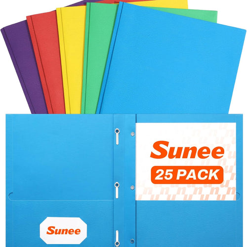 SUNEE 2 Pocket Folders with Prongs (25 Pack, Assorted Colors), Paper Folders with 2 Pockets and 3 Prongs Fit Letter Size Paper, Folders with Prongs for School Office Home Business