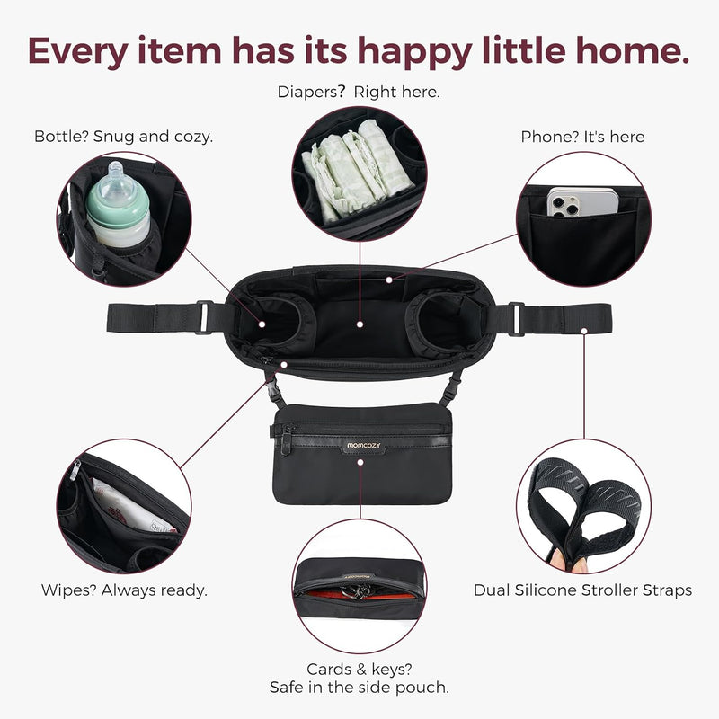 Momcozy Slim Stroller Organizer with 2 Insulated Cup Holders | Non-Slip Silicone Straps with Detachable Mini Pouch, Dense-Weave Parent Console, Fits UPPAbaby, Doona, Graco and More