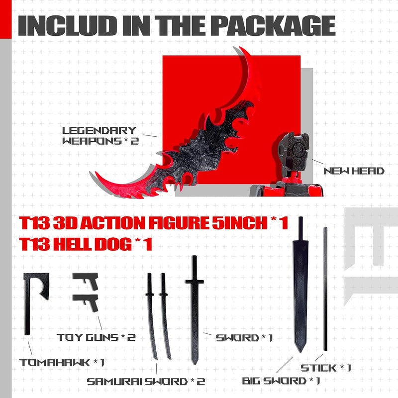 T13 3D Action Figure Set (Assembly Completed),Dummy Robot Titan 13 Action Figures,3D Printed Toys Multi-Jointed Movable (Black/Red)