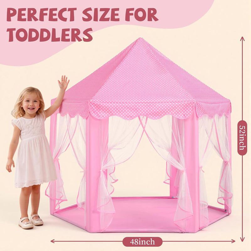 Sumbababy Princess Castle Tent for Girls Fairy Play Tents for Kids Hexagon Playhouse with Fairy Star Lights Toys for Children or Toddlers Indoor or Outdoor Games (Pink)