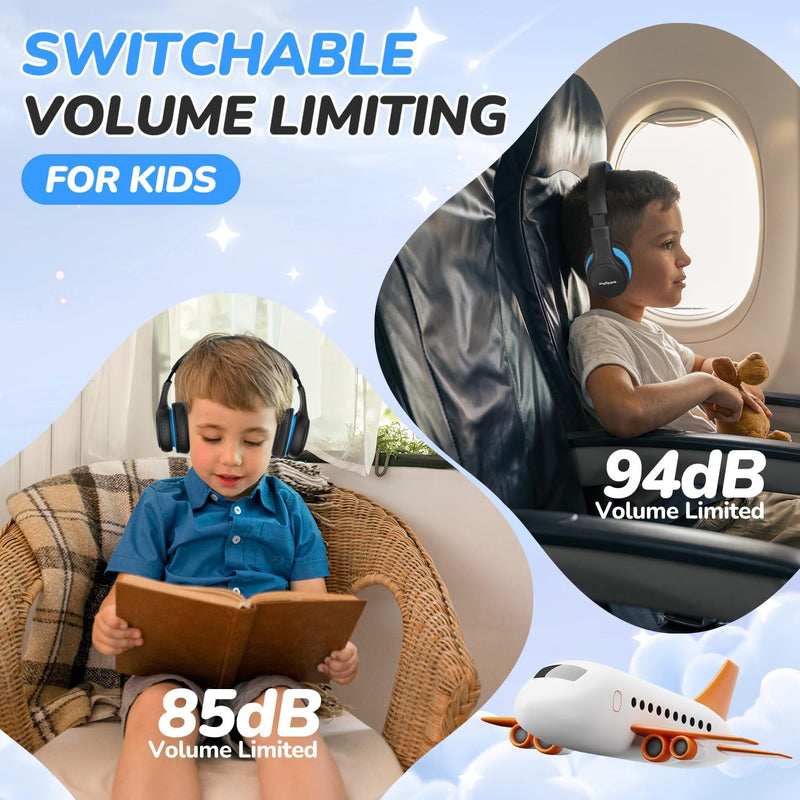 JoySpark Kids Bluetooth Headphones, 60 Hours Playtime, Bluetooth 5.4 Kids Headphones Wireless, Type-C Fast Charging, 85/94dB Volume Limited, Foldable Toddler Wireless Headsets with Mic-Black Blue