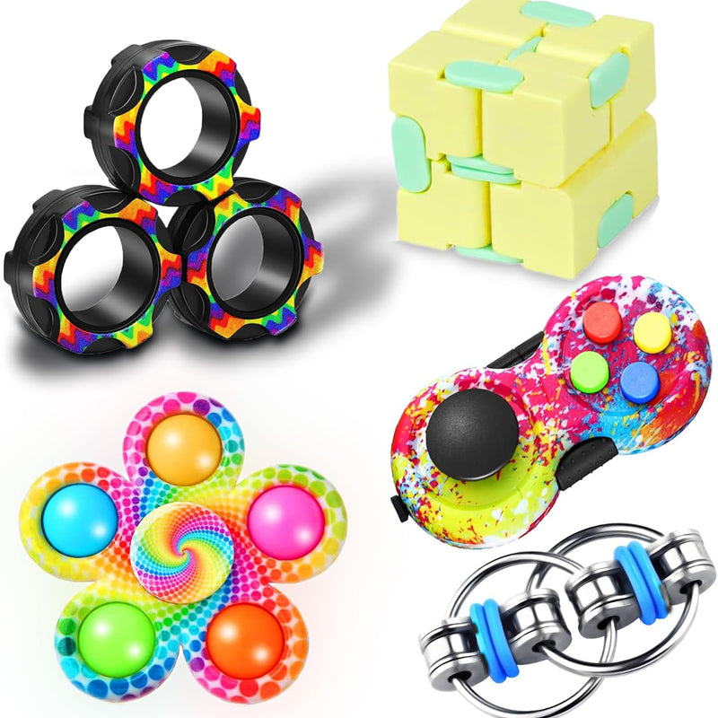 5PC Fidget Toys Adults Set Fidgets for Classroom Must Have Autism Sensory Pack Figette Cube ADHD Special Treasure Prize Tool Stress Relief Desk Cool Gadget for Kid Easter Basket Stuffers for Teen Boys