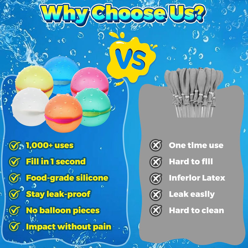 12 Pcs Reusable Water Balloons, Self-Sealing Refillable Water Balls, Pool Toys for Kids Ages 4-14, Pool Beach & Outdoor Water Ballons