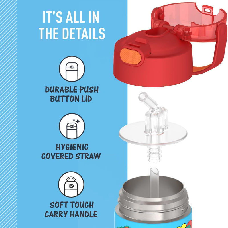 THERMOS FUNTAINER Water Bottle with Straw, 12oz, Cars | Kids Stainless Steel Insulated Water Bottle, Keeps Drinks Cold Longer for School & Play, BPA-Free