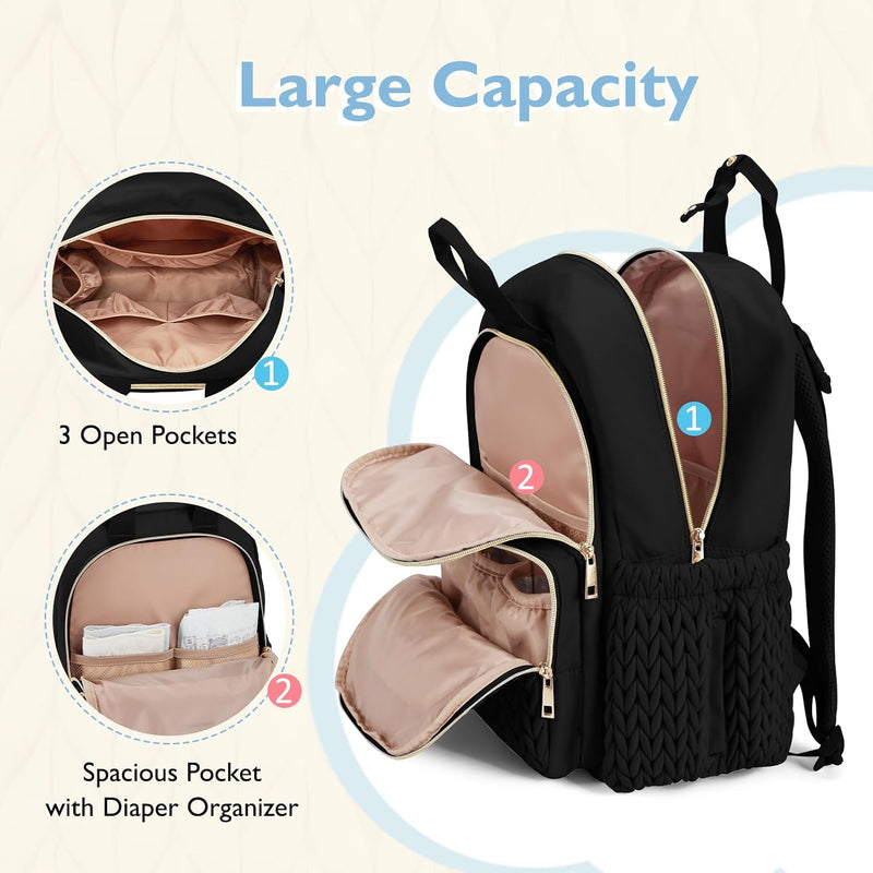 mommore Diaper Bag Backpack, Large Travel Baby Bag for Daily Essentials | Stylish Diaper Backpack for Toddler, Insulated Pockets, Changing Pad & Stroller Straps for Outdoor Trip