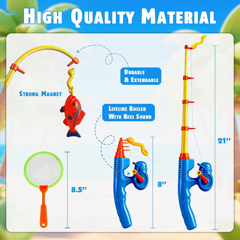 CozyBomB™ Magnetic Fishing Toys Game Set for Kids | Water Table Bathtub Kiddie Pool Party Pole Rod Net, Outdoor Plastic Floating Fish, Toddler Bath Color Ocean Sea Animals Birthday Gift Age 3-5 6 4-8