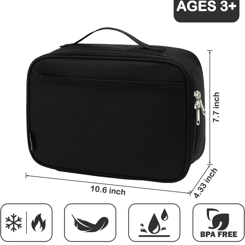 FlowFly Kids Lunch box Insulated Soft Bag Mini Cooler Back to School Thermal Meal Tote Kit for Girls, Boys, Black