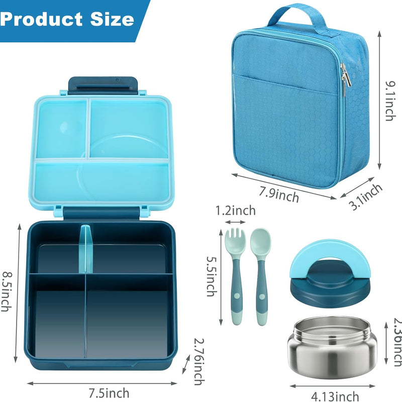 Bento Lunch Box Set for Kids with 8oz Soup Thermo, Leak-Proof Lunch Containers with 4 Compartment, Kids Thermo Hot Food Jar and Insulated Lunch Bag for Kid to School-Blue