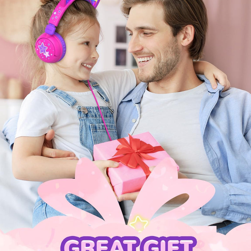 Cat ear headphones with led light up and 85dBA safe volume for kids, foldable and wireless compatible