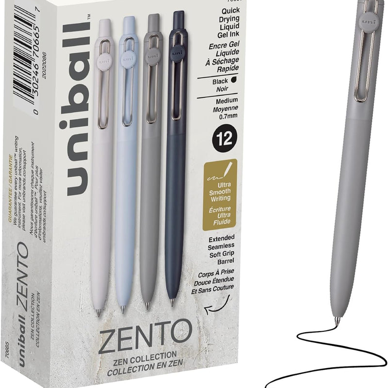 uniball™ Zento Gel Pens, Black Ink, 0.7mm Medium Point, Retractable, 4 Count, Smooth Writing, Quick-Drying, No Smear, No Bleed, Muted Barrel Colors