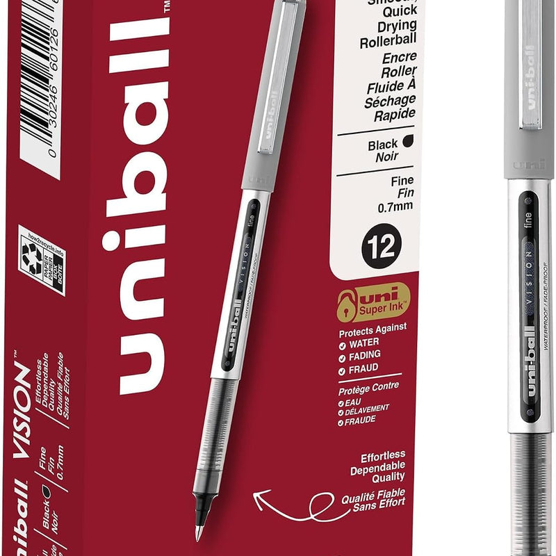 uni-ball Vision Stick Roller Ball Pens, Fine Point, Black Ink, Pack of 4