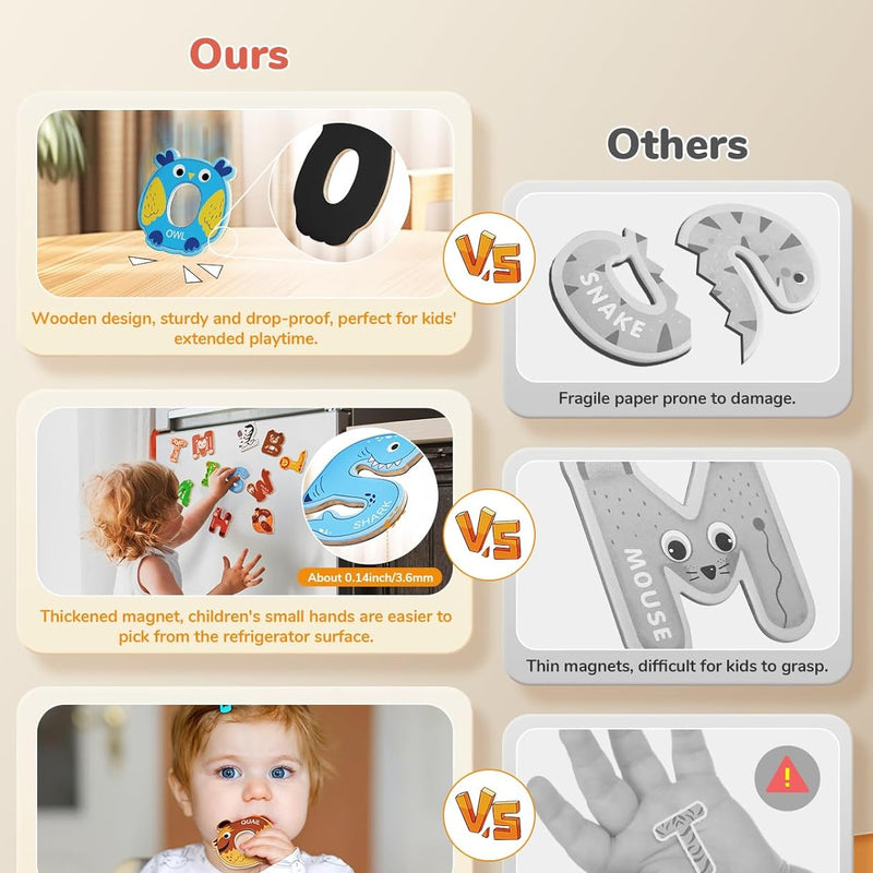 joycat wooden thick alphabet magnets for toddlers, large size cute animal colorful abc magnetic letters