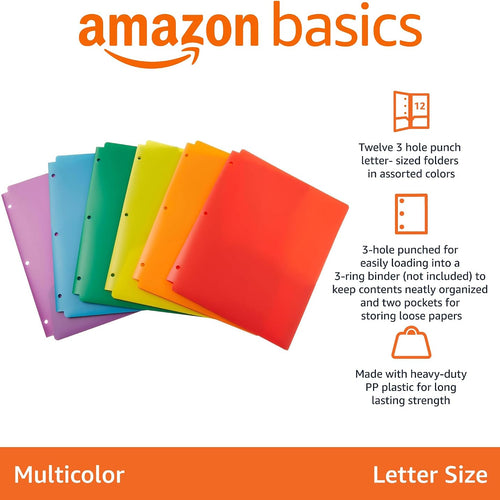 Amazon Basics Plastic 3 Hole Punch Folders with 2 Pockets for Documents, Letter Size 8.5 x 11 inches, School Supplies, Assorted Colors, Pack of 12