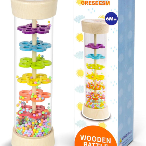 Montessori rain stick for 6-12 months, 1 year old baby rattle toy with 7.7 inch wooden rainmaker