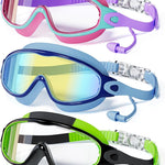 3 Pack Swimming Goggles, Kid Goggles with Earplugs Large Frame Anti-Fog/UV Wide View Swim Goggles Boys Girls 6-14