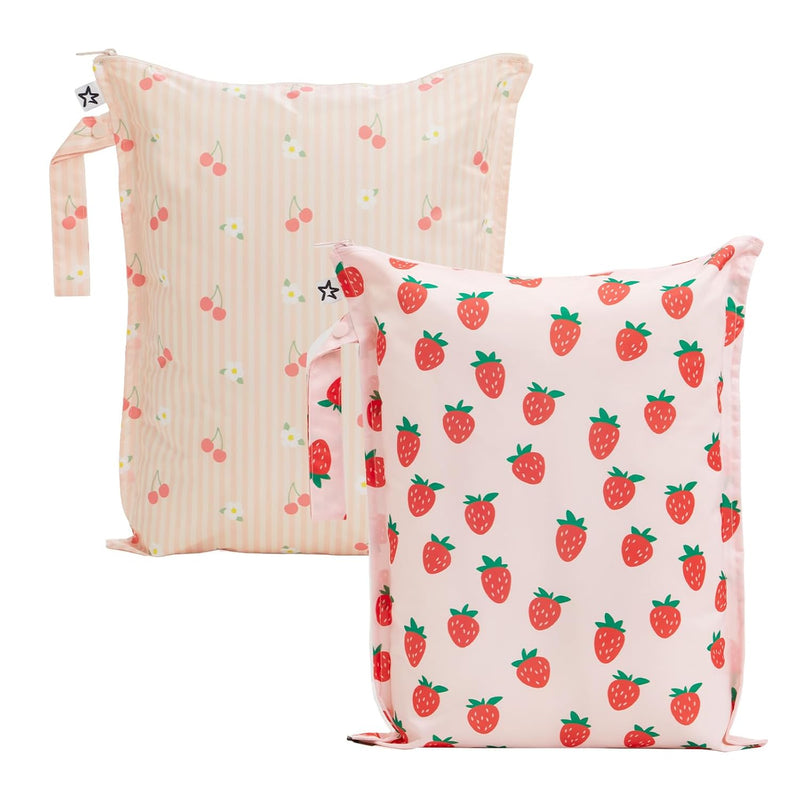 Tiny Twinkle Mess Proof Wet Bags | 2-Pack Reusable Waterproof Wet Bags for Swimsuits | Baby Clothes | Travel & Diaper Bag (Pink, Brown Checkers)